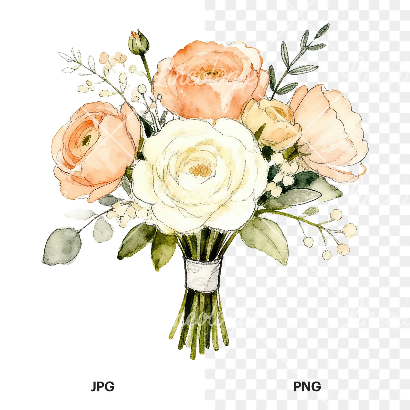 Watercolor peach and cream wedding bouquet clipart 5 of 6, as a JPG on white and a transparent PNG