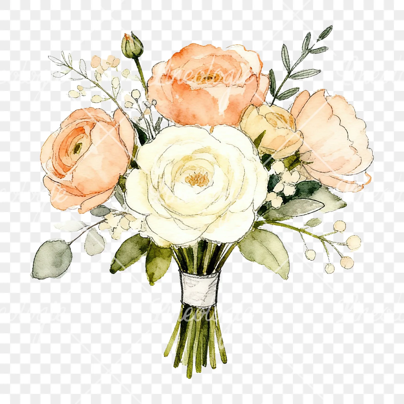 Watercolor peach and cream wedding bouquet clipart 5 of 6 on a transparent background (PNG)