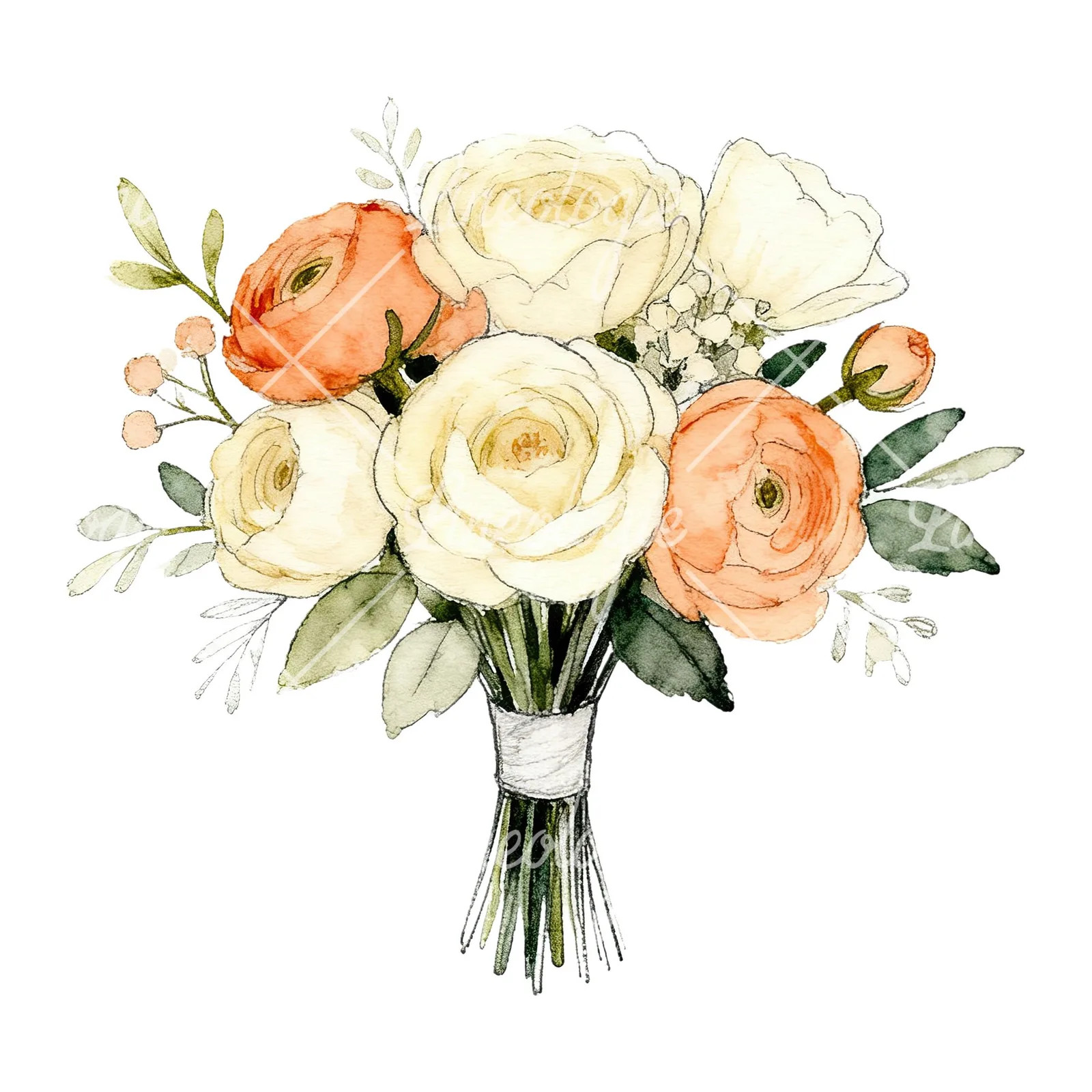 Watercolor peach and cream wedding bouquet clipart 6 of 6 on a white background (JPG)