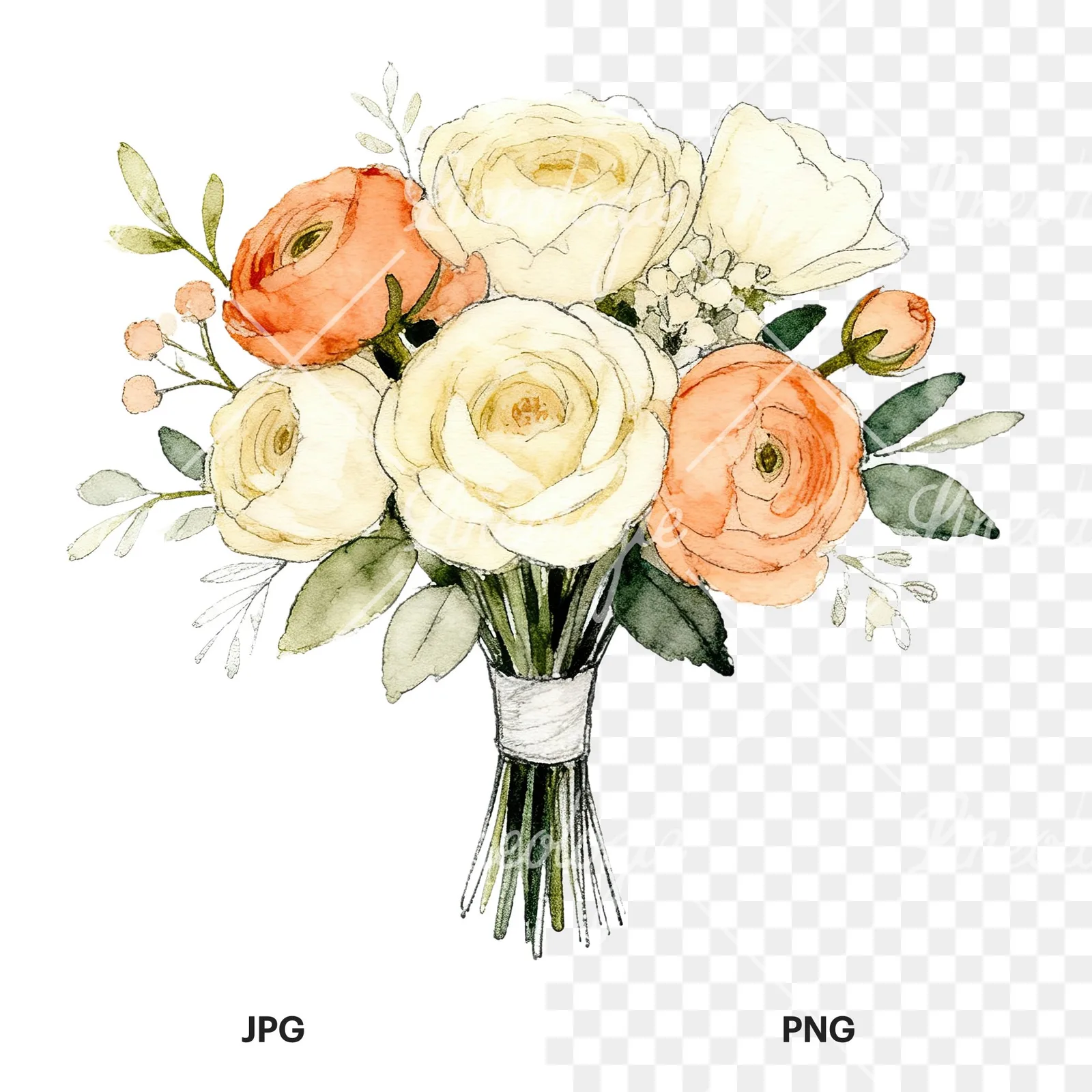 Watercolor peach and cream wedding bouquet clipart 6 of 6, as a JPG on white and a transparent PNG