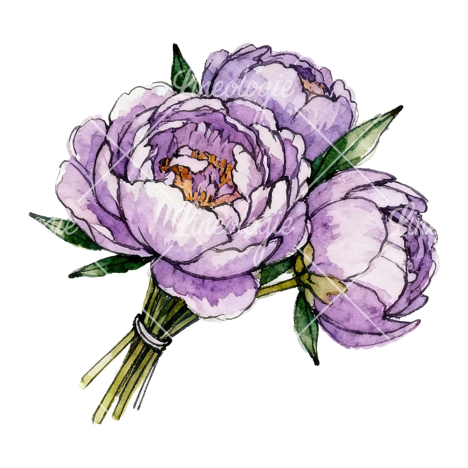 Watercolor deep violet purple peony bouquet clipart 1 of 6 on a white background (JPG)