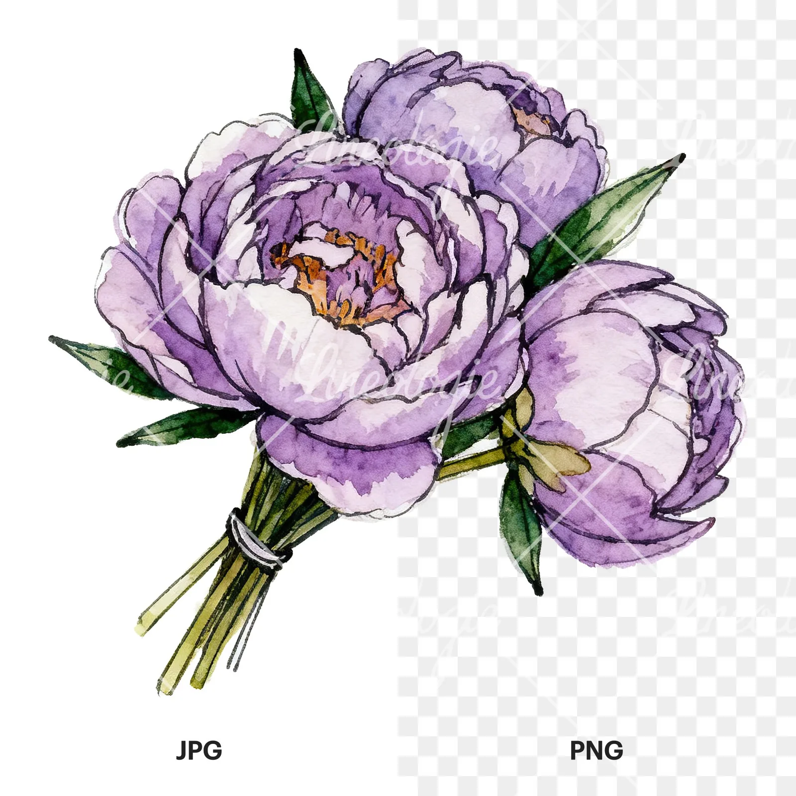 Watercolor deep violet purple peony bouquet clipart 1 of 6, as a JPG on white and a transparent PNG