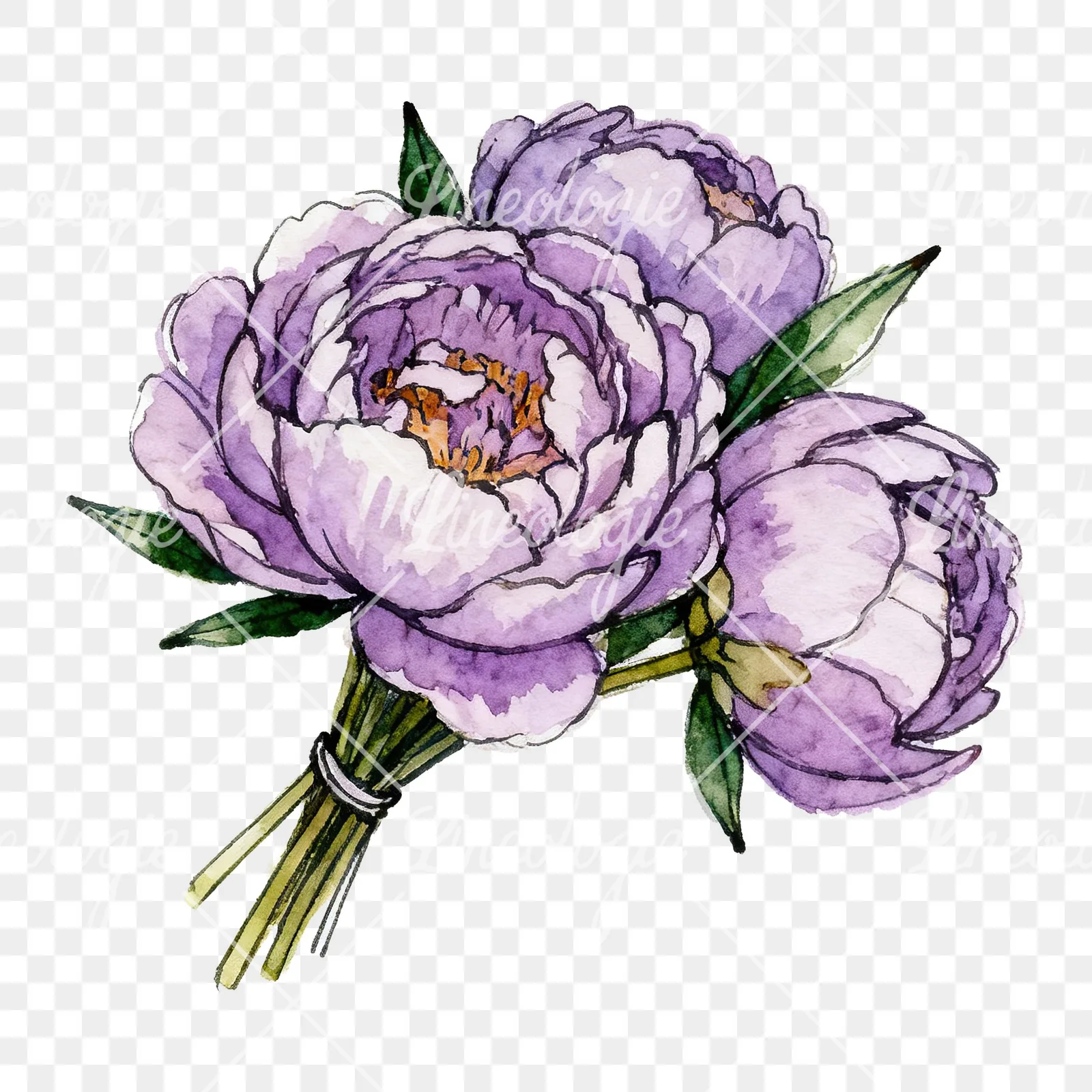 Watercolor deep violet purple peony bouquet clipart 1 of 6 on a transparent background (PNG)