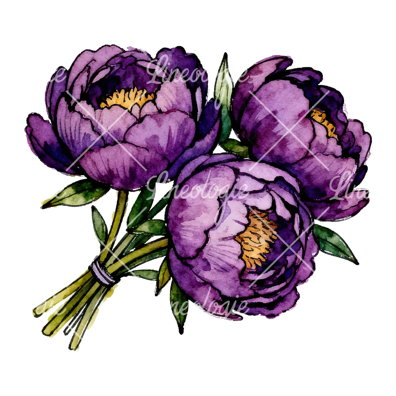 Watercolor deep violet purple peony bouquet clipart 2 of 6 on a white background (JPG)