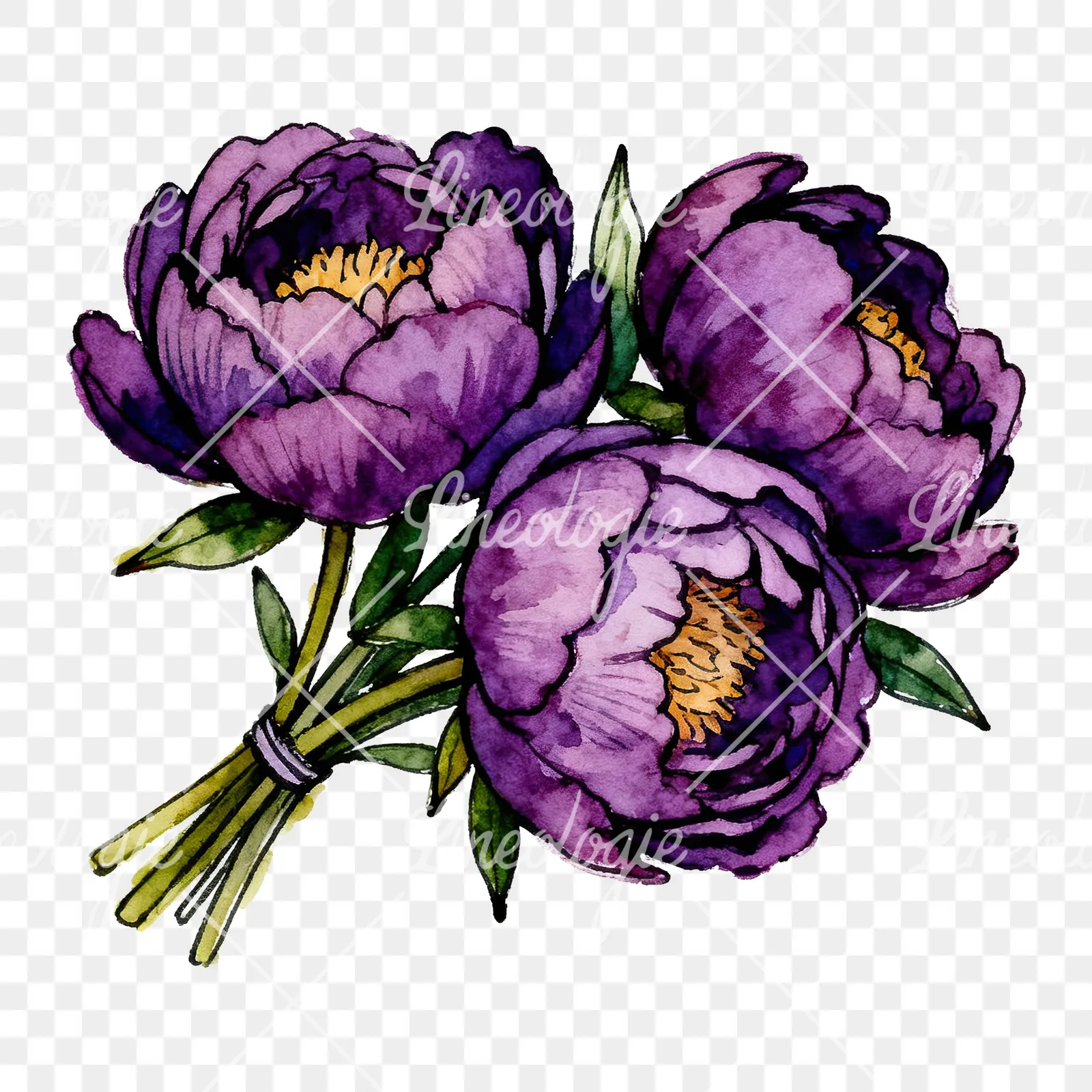 Watercolor deep violet purple peony bouquet clipart 2 of 6 on a transparent background (PNG)