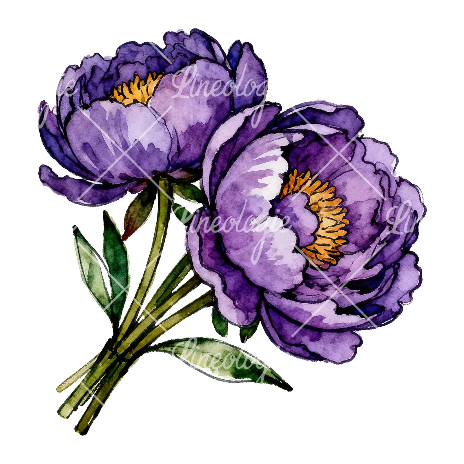 Watercolor deep violet purple peony bouquet clipart 3 of 6 on a white background (JPG)