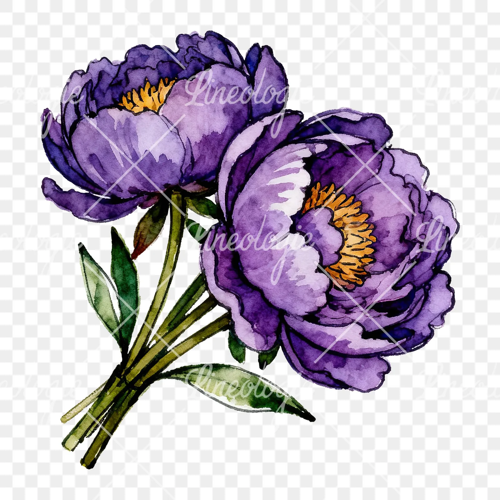 Watercolor deep violet purple peony bouquet clipart 3 of 6 on a transparent background (PNG)