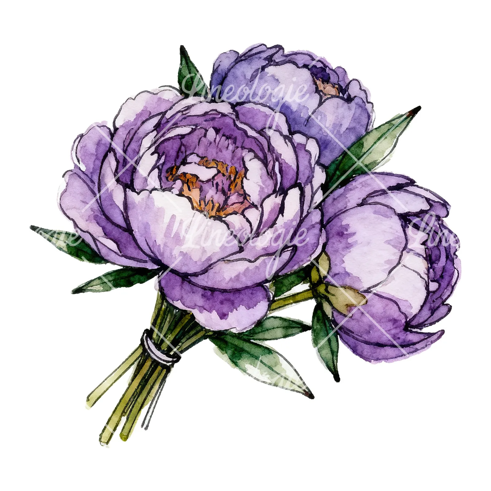 Watercolor deep violet purple peony bouquet clipart 4 of 6 on a white background (JPG)