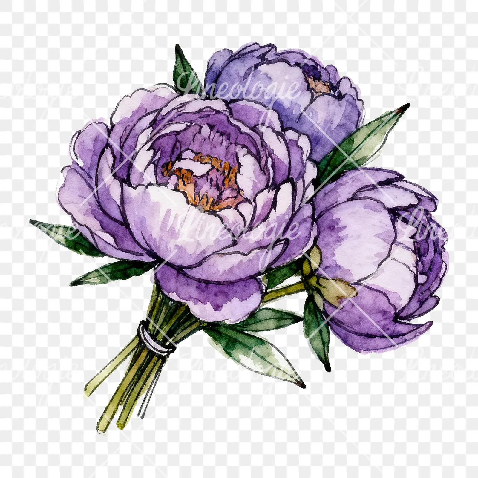 Watercolor deep violet purple peony bouquet clipart 4 of 6 on a transparent background (PNG)
