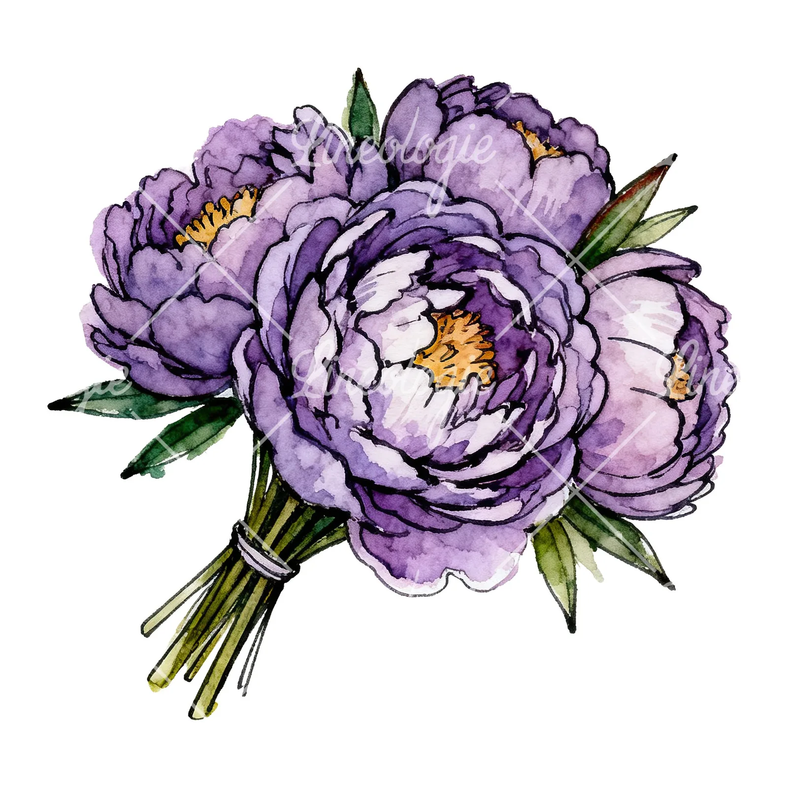 Watercolor deep violet purple peony bouquet clipart 5 of 6 on a white background (JPG)