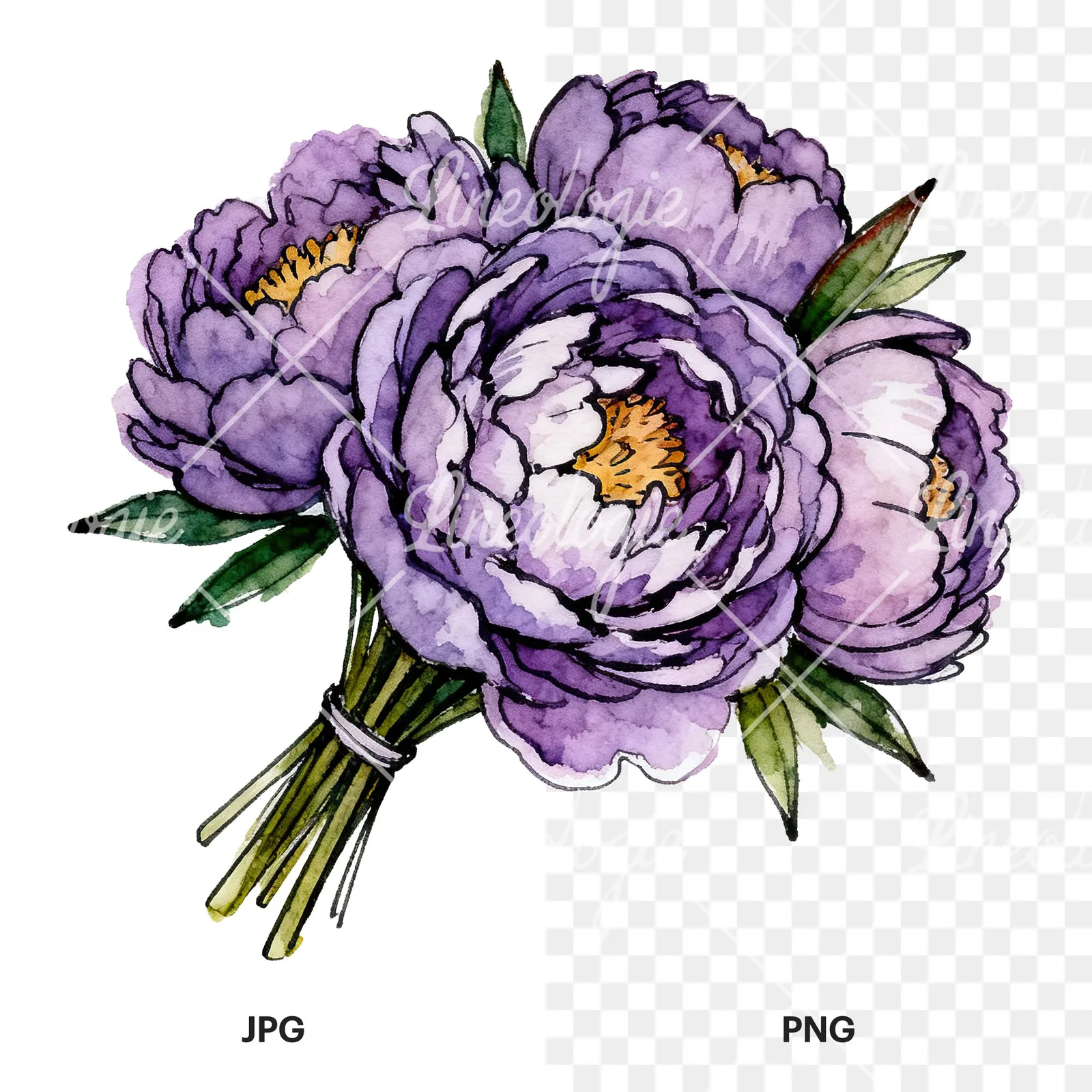 Watercolor deep violet purple peony bouquet clipart 5 of 6, as a JPG on white and a transparent PNG