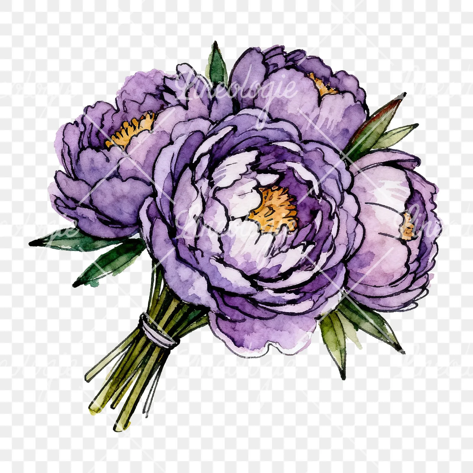Watercolor deep violet purple peony bouquet clipart 5 of 6 on a transparent background (PNG)