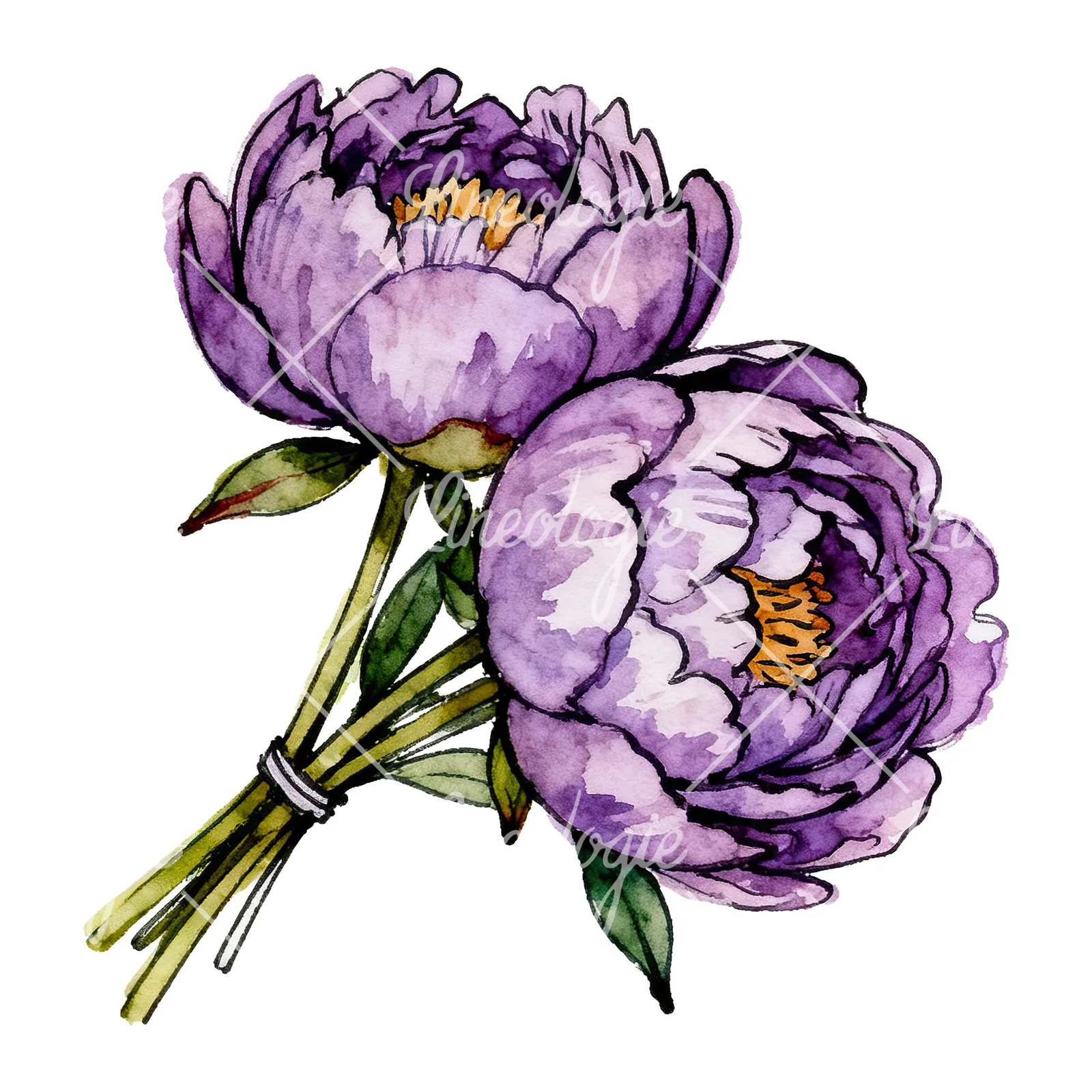 Watercolor deep violet purple peony bouquet clipart 6 of 6 on a white background (JPG)