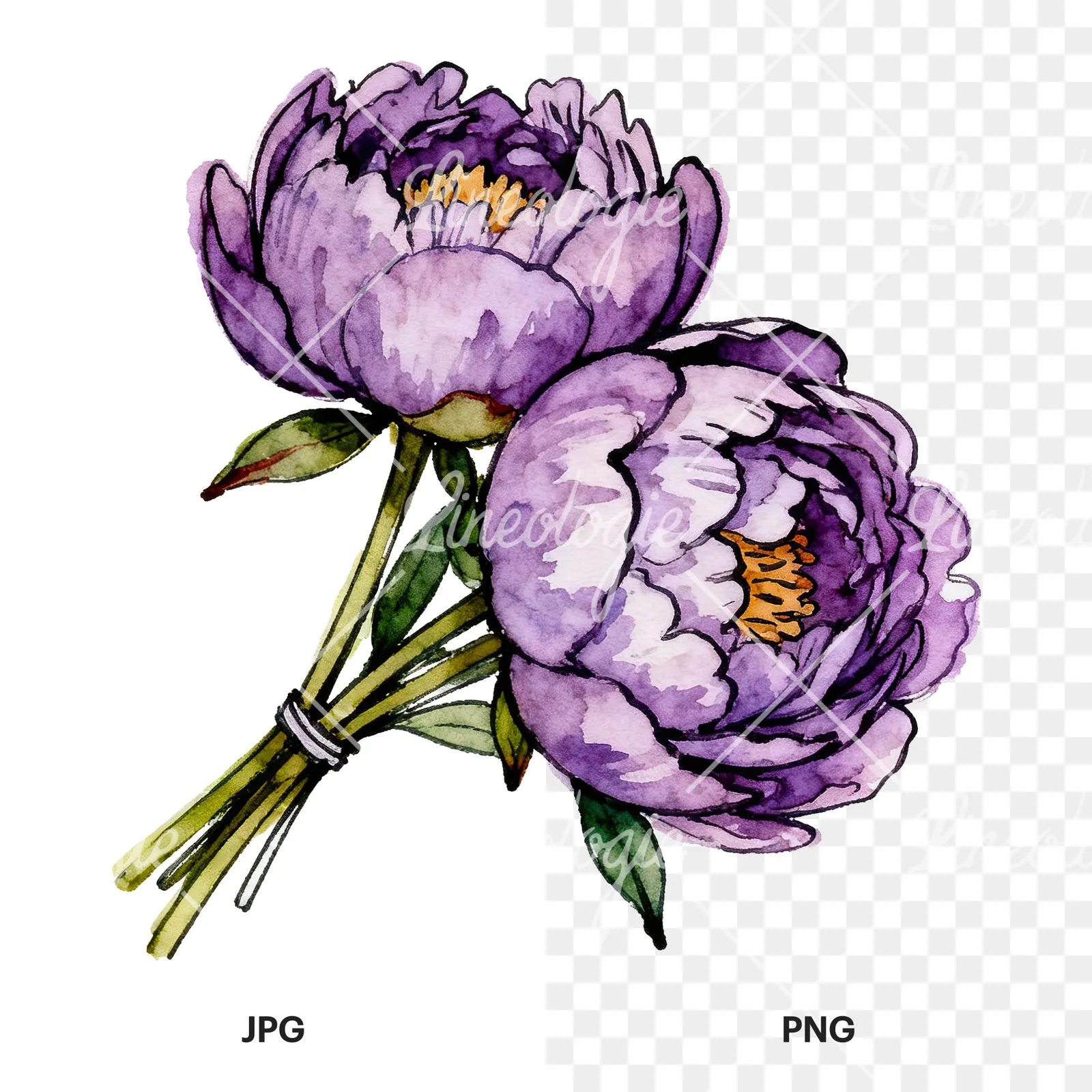 Watercolor deep violet purple peony bouquet clipart 6 of 6, as a JPG on white and a transparent PNG