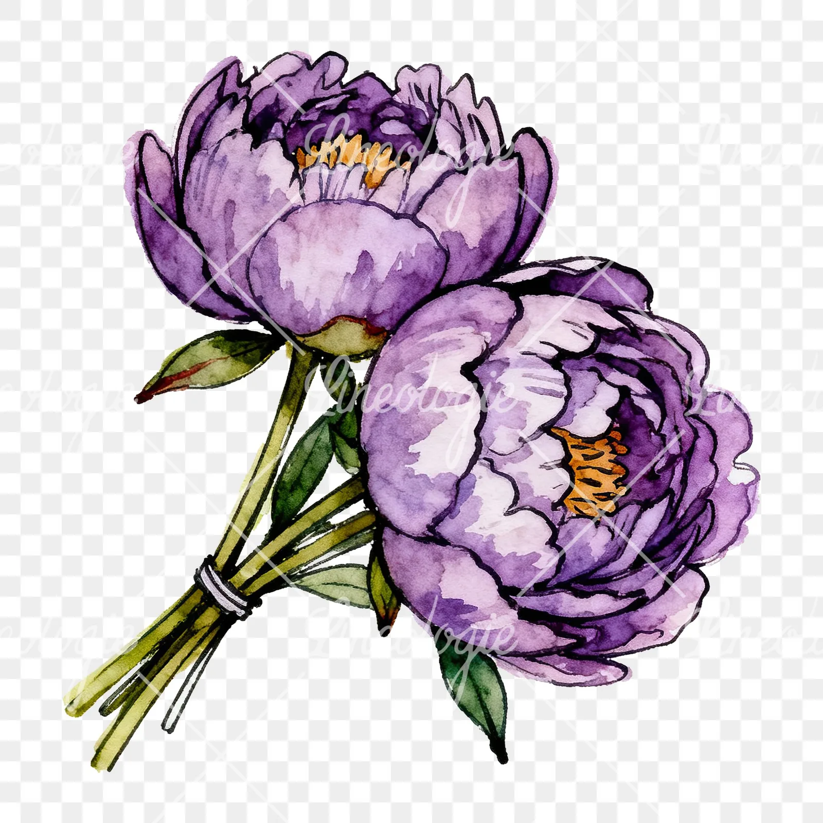 Watercolor deep violet purple peony bouquet clipart 6 of 6 on a transparent background (PNG)
