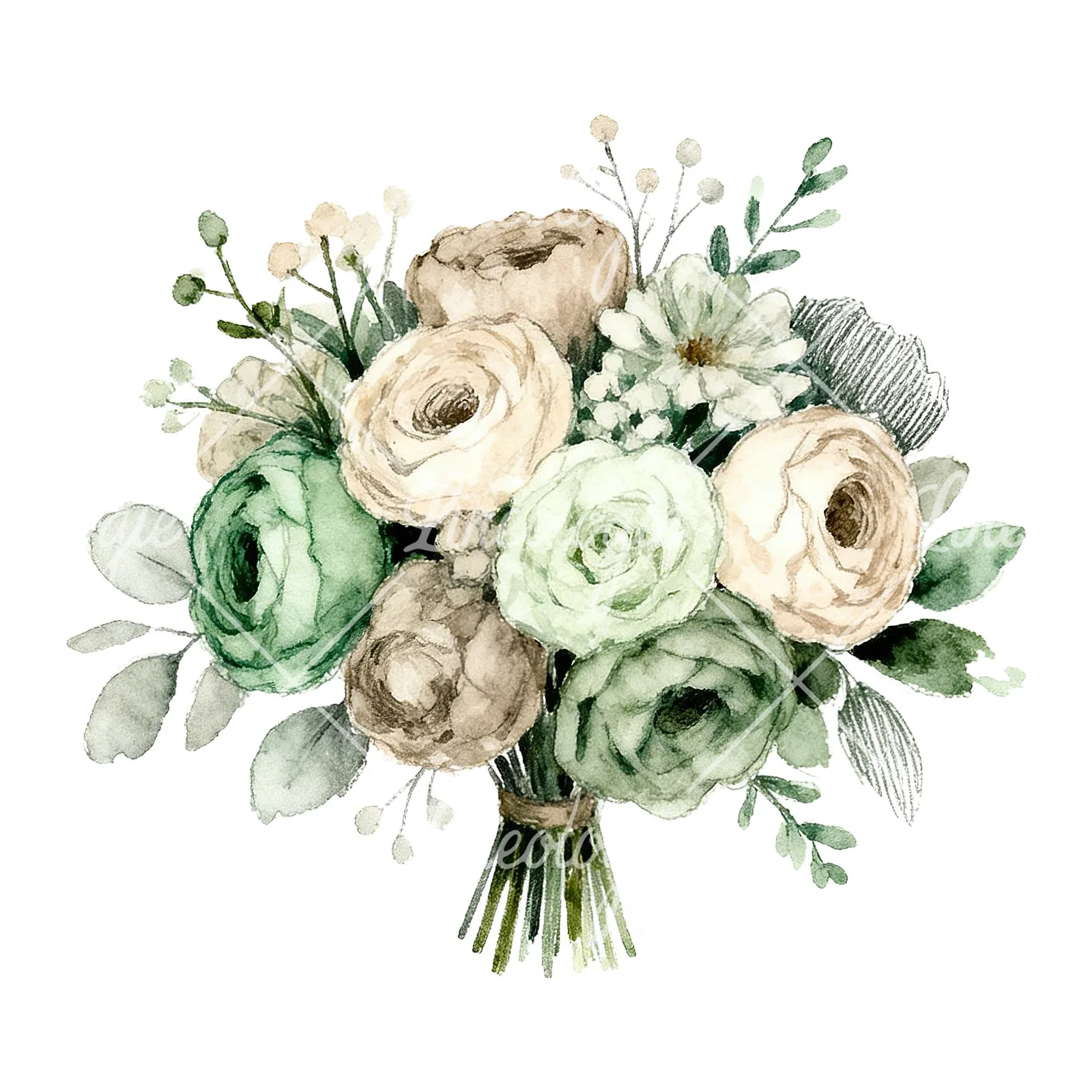 Watercolor sage and taupe wedding bouquet clipart 1 of 6 on a white background (JPG)