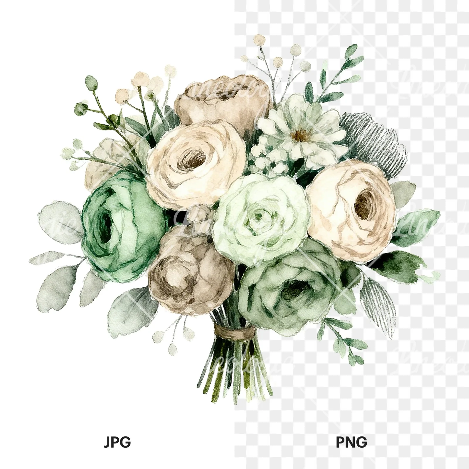 Watercolor sage and taupe wedding bouquet clipart 1 of 6, as a JPG on white and a transparent PNG