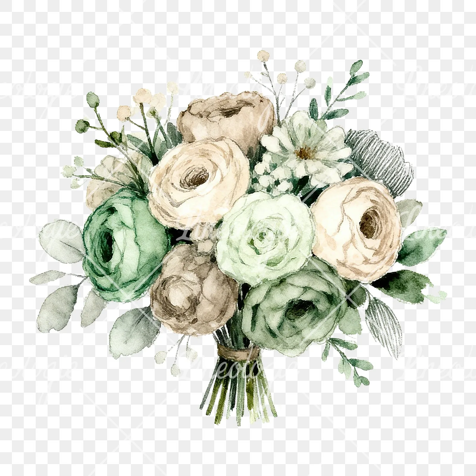 Watercolor sage and taupe wedding bouquet clipart 1 of 6 on a transparent background (PNG)