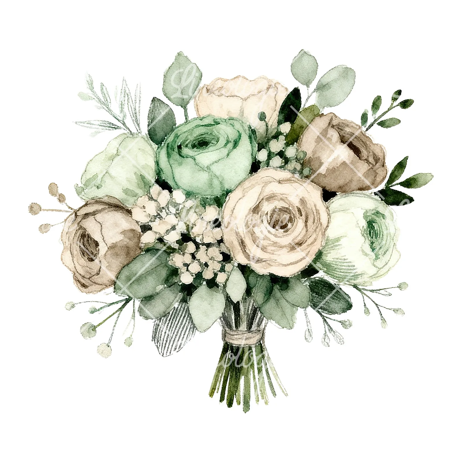 Watercolor sage and taupe wedding bouquet clipart 2 of 6 on a white background (JPG)