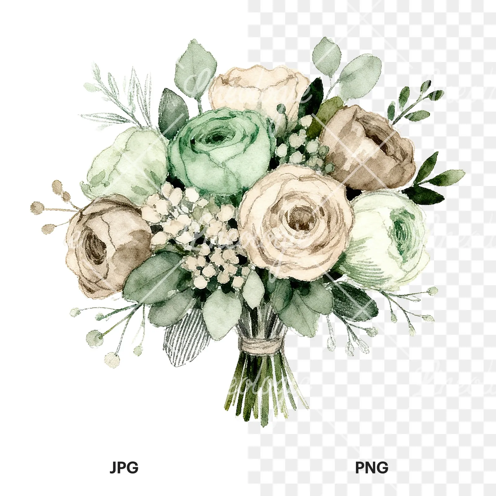 Watercolor sage and taupe wedding bouquet clipart 2 of 6, as a JPG on white and a transparent PNG