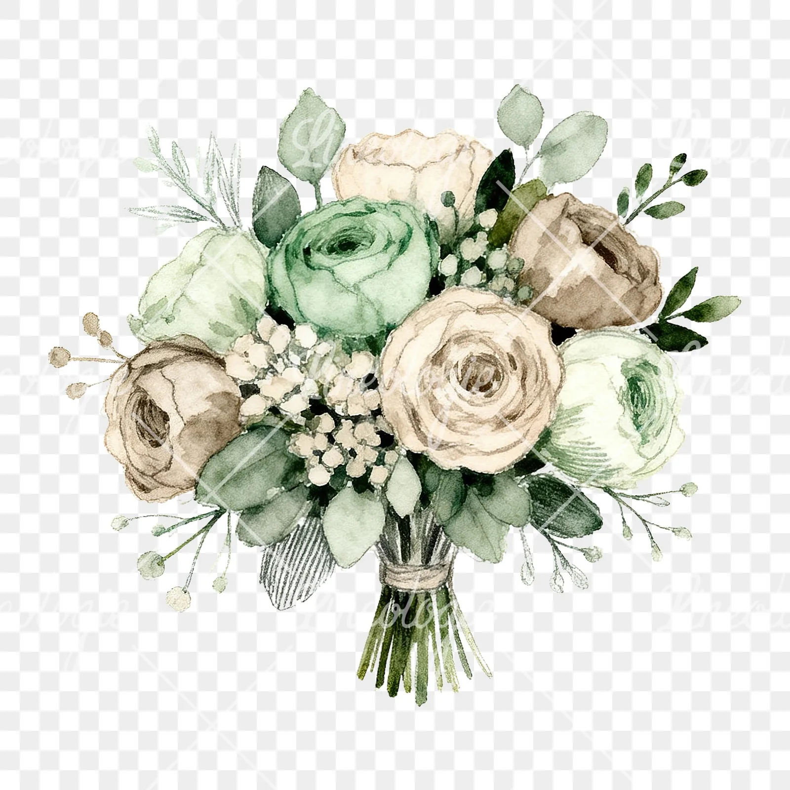 Watercolor sage and taupe wedding bouquet clipart 2 of 6 on a transparent background (PNG)