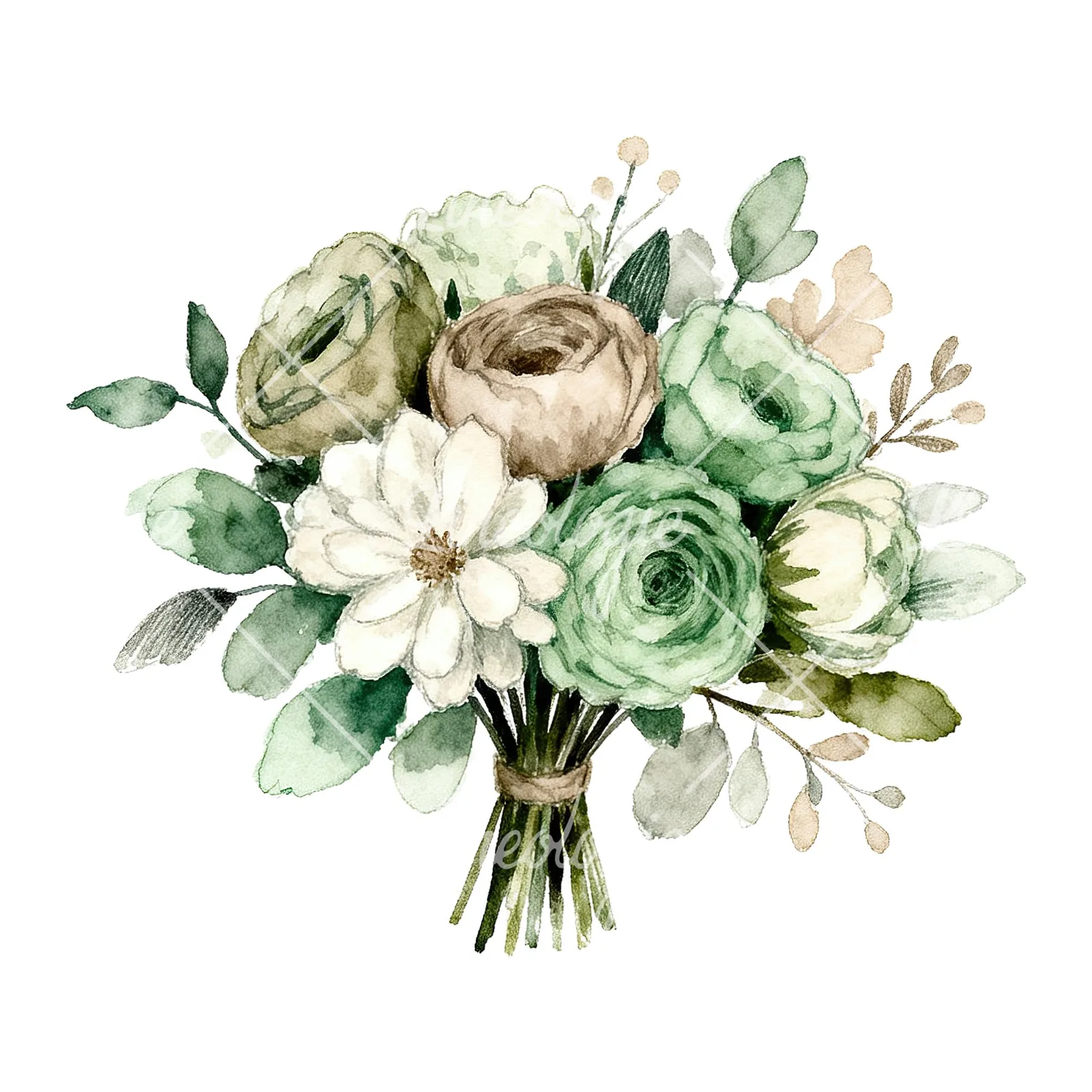 Watercolor sage and taupe wedding bouquet clipart 3 of 6 on a white background (JPG)