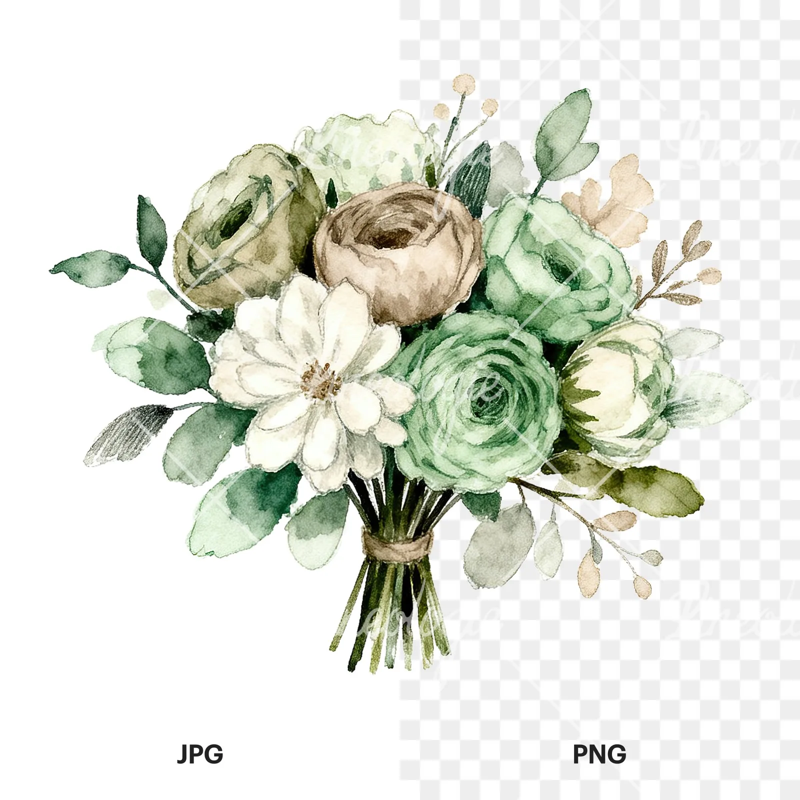 Watercolor sage and taupe wedding bouquet clipart 3 of 6, as a JPG on white and a transparent PNG