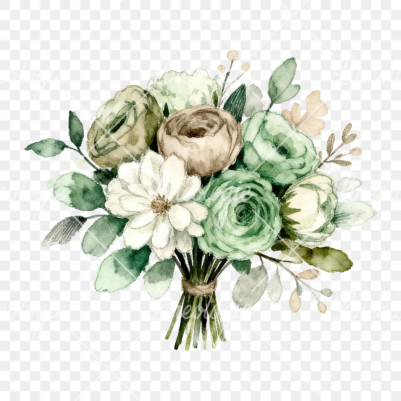 Watercolor sage and taupe wedding bouquet clipart 3 of 6 on a transparent background (PNG)