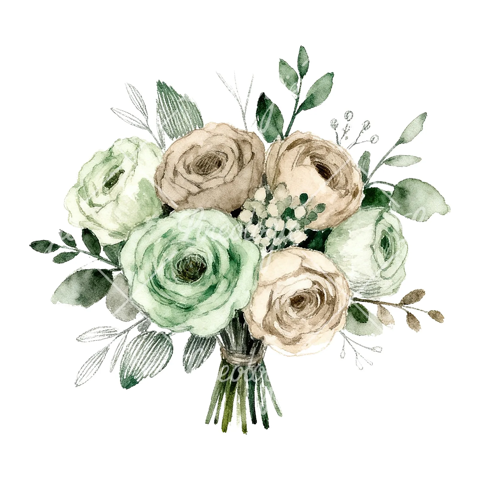Watercolor sage and taupe wedding bouquet clipart 4 of 6 on a white background (JPG)