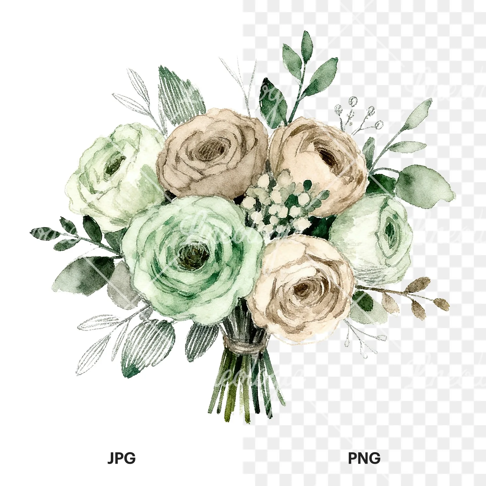 Watercolor sage and taupe wedding bouquet clipart 4 of 6, as a JPG on white and a transparent PNG