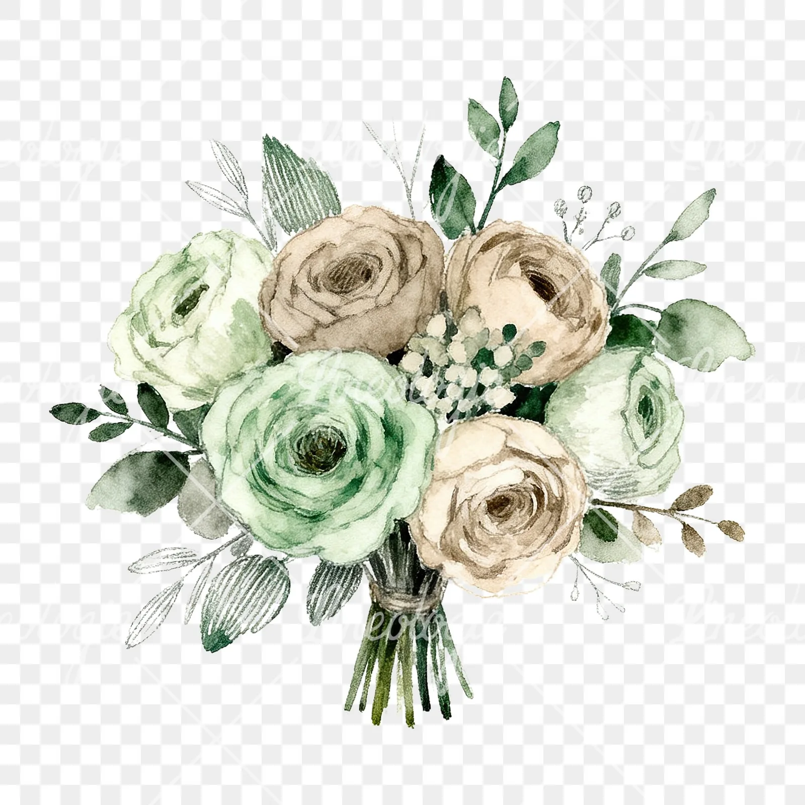 Watercolor sage and taupe wedding bouquet clipart 4 of 6 on a transparent background (PNG)
