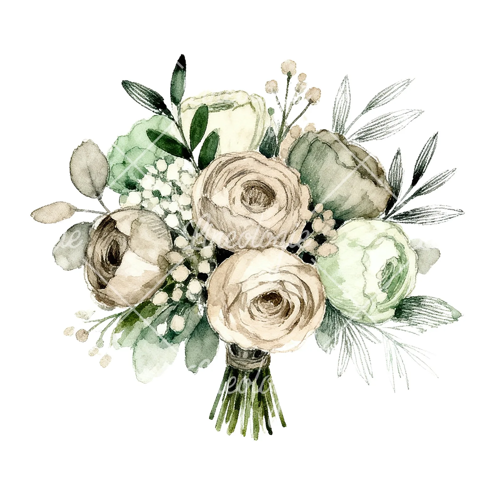 Watercolor sage and taupe wedding bouquet clipart 5 of 6 on a white background (JPG)