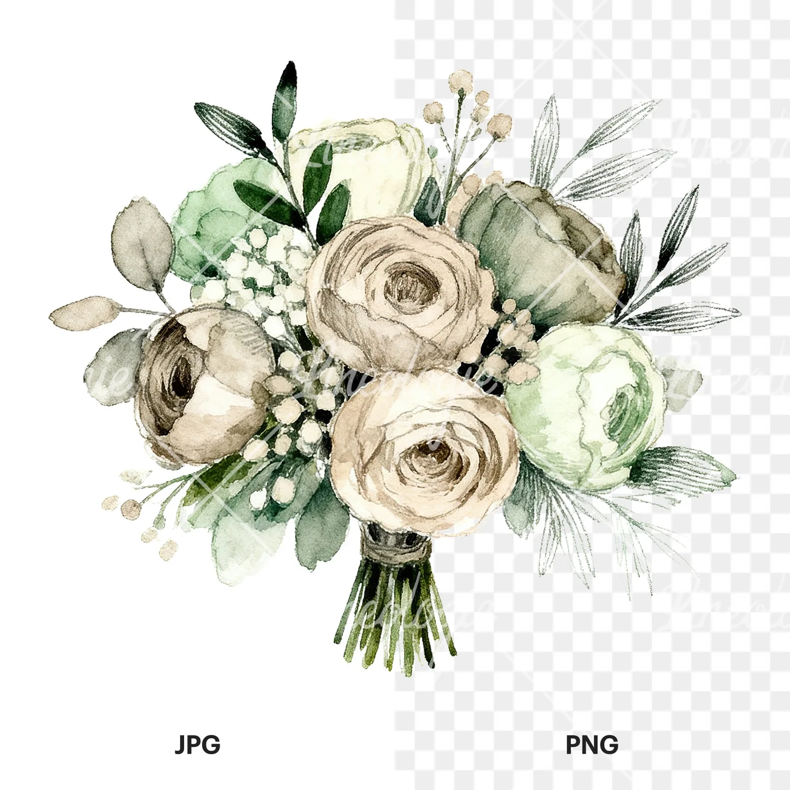 Watercolor sage and taupe wedding bouquet clipart 5 of 6, as a JPG on white and a transparent PNG