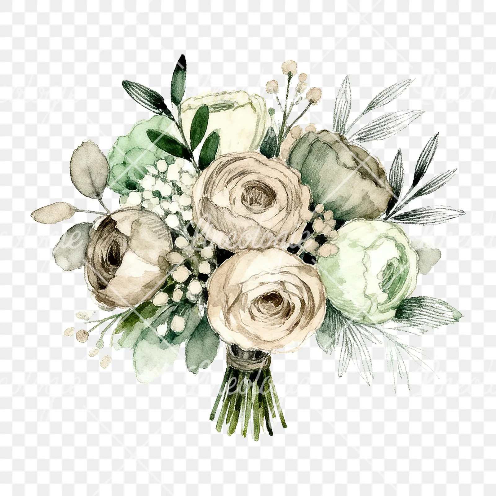 Watercolor sage and taupe wedding bouquet clipart 5 of 6 on a transparent background (PNG)