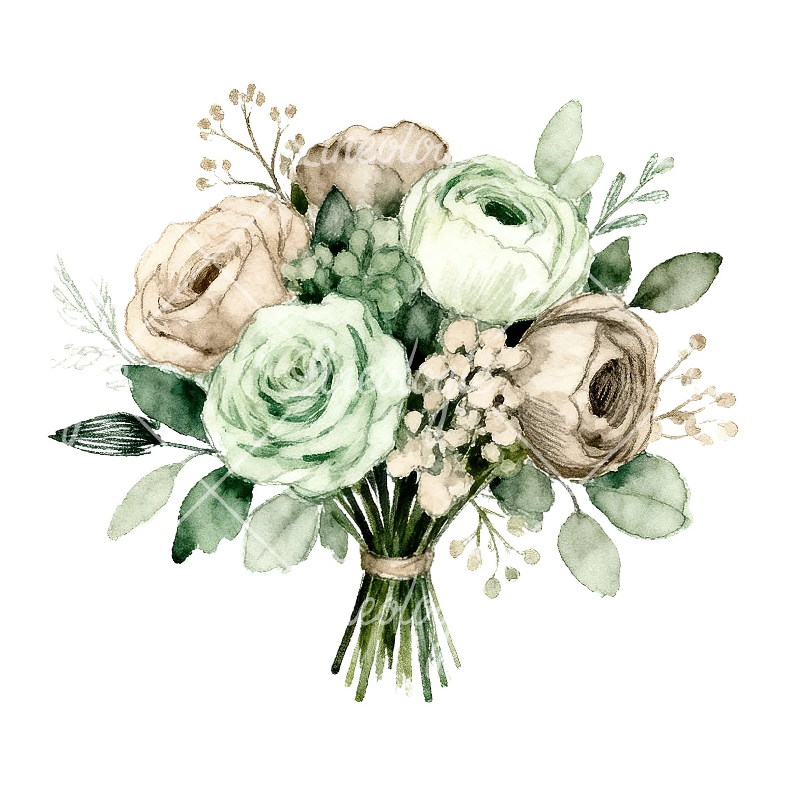 Watercolor sage and taupe wedding bouquet clipart 6 of 6 on a white background (JPG)