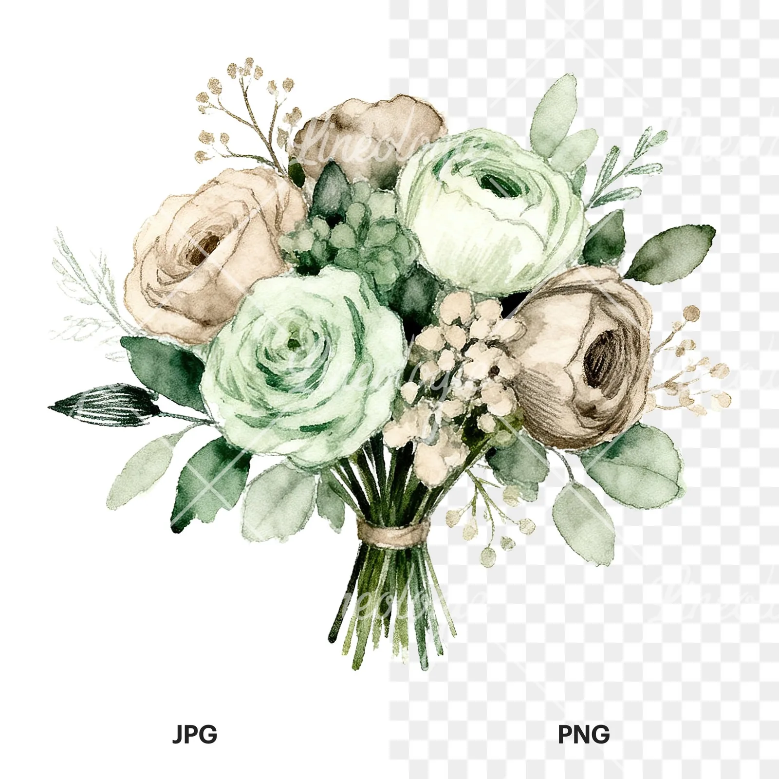 Watercolor sage and taupe wedding bouquet clipart 6 of 6, as a JPG on white and a transparent PNG