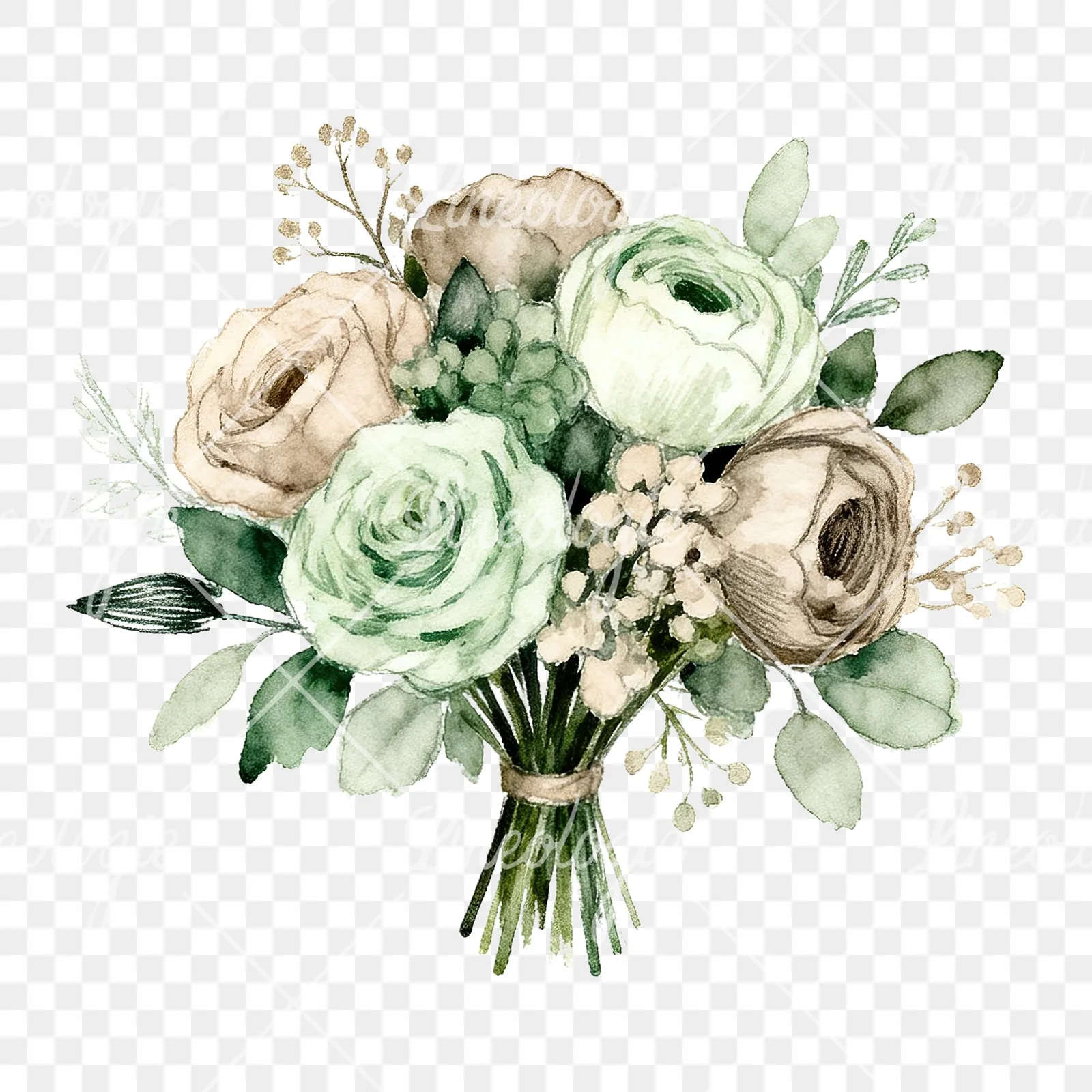 Watercolor sage and taupe wedding bouquet clipart 6 of 6 on a transparent background (PNG)