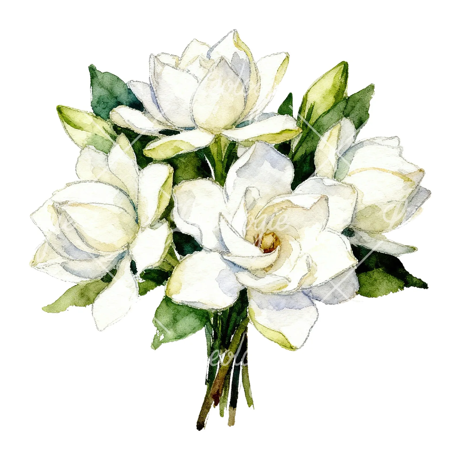 Watercolor white gardenia bouquet clipart 1 of 6 on a white background (JPG)