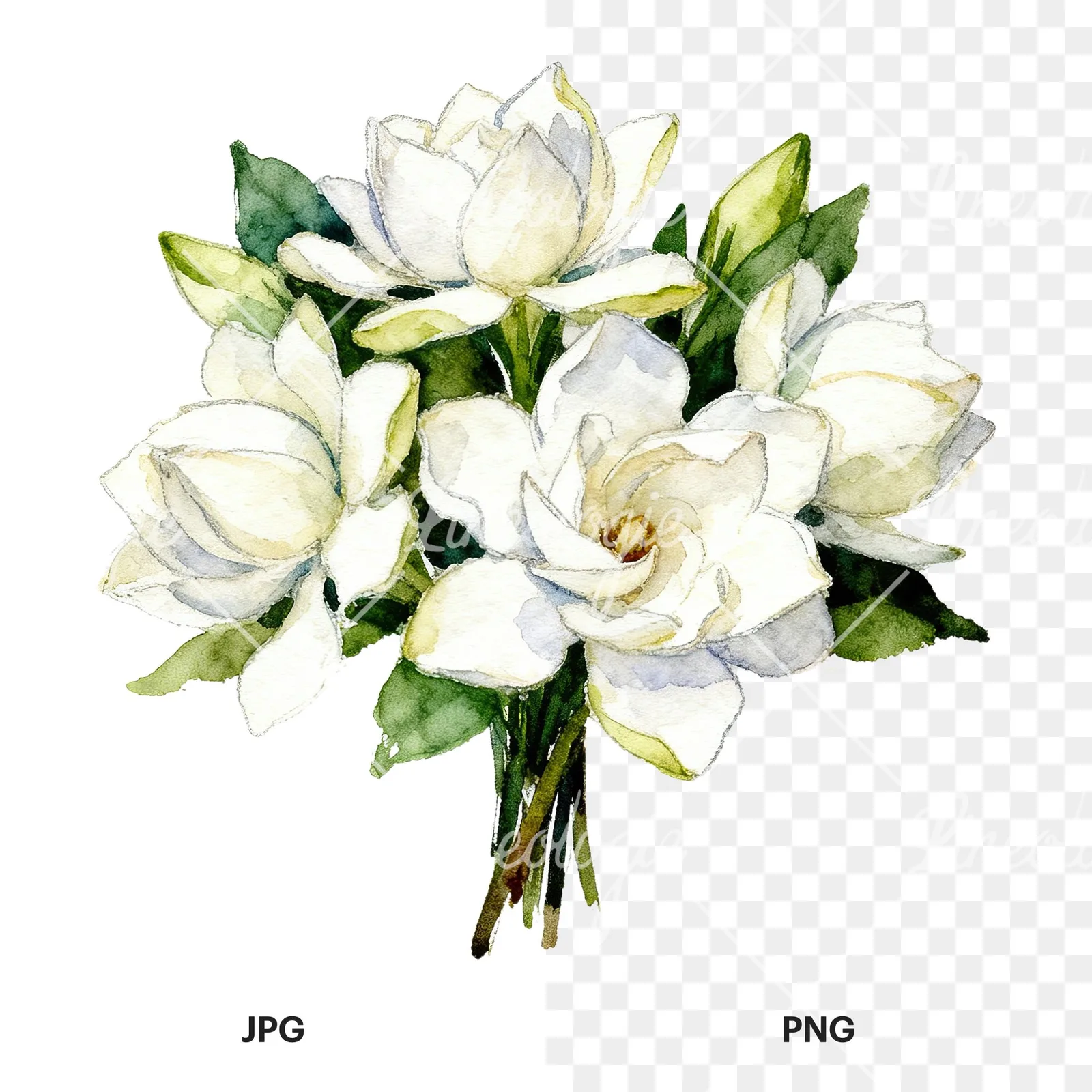 Watercolor white gardenia bouquet clipart 1 of 6, as a JPG on white and a transparent PNG