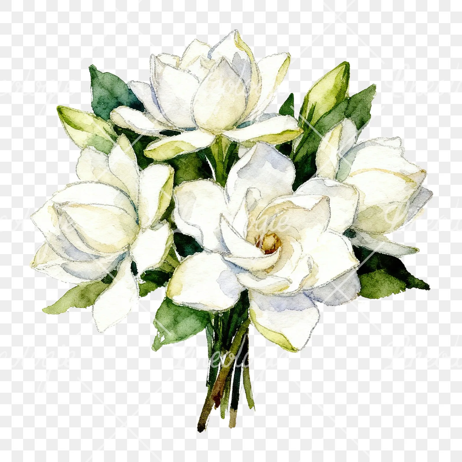 Watercolor white gardenia bouquet clipart 1 of 6 on a transparent background (PNG)