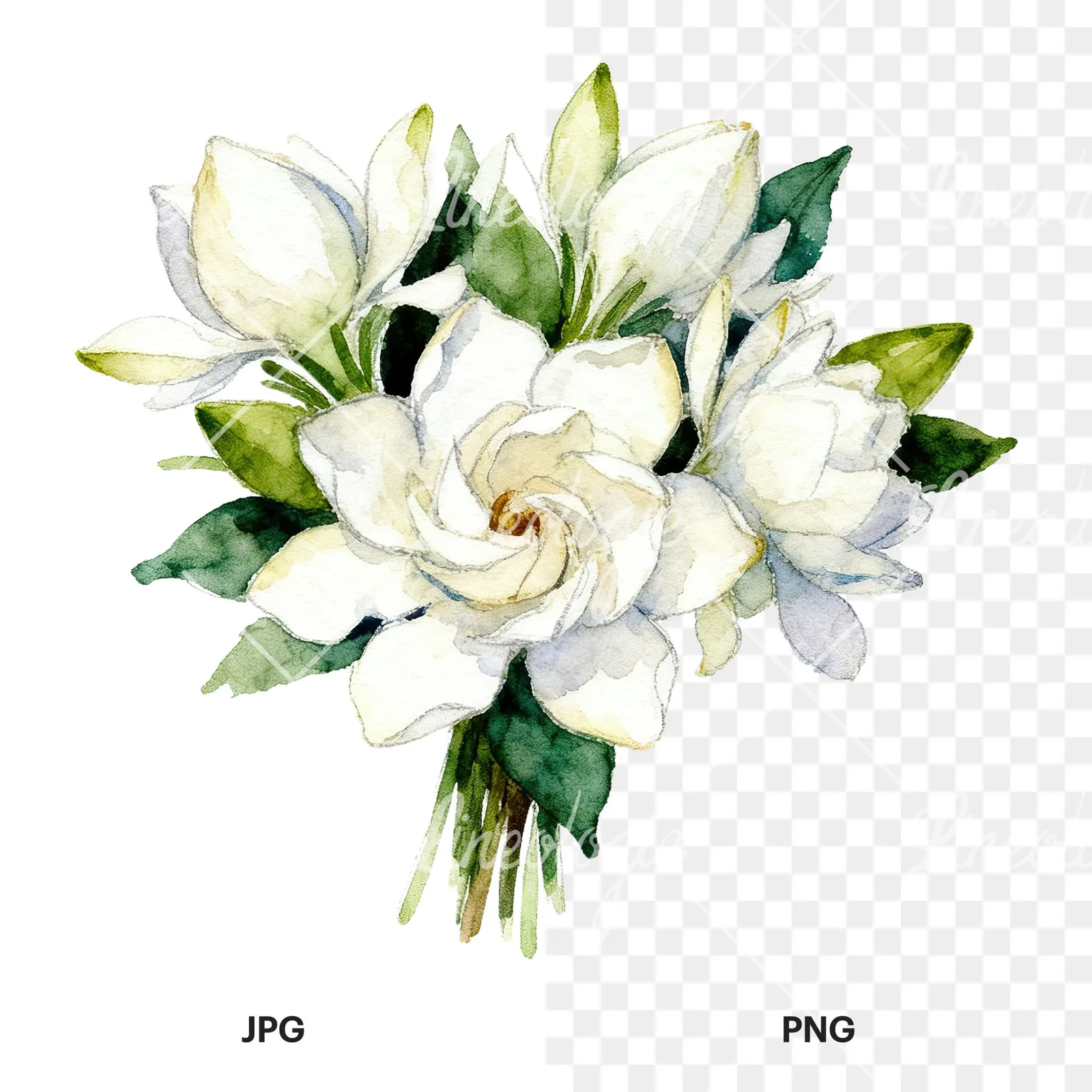 Watercolor white gardenia bouquet clipart 2 of 6, as a JPG on white and a transparent PNG