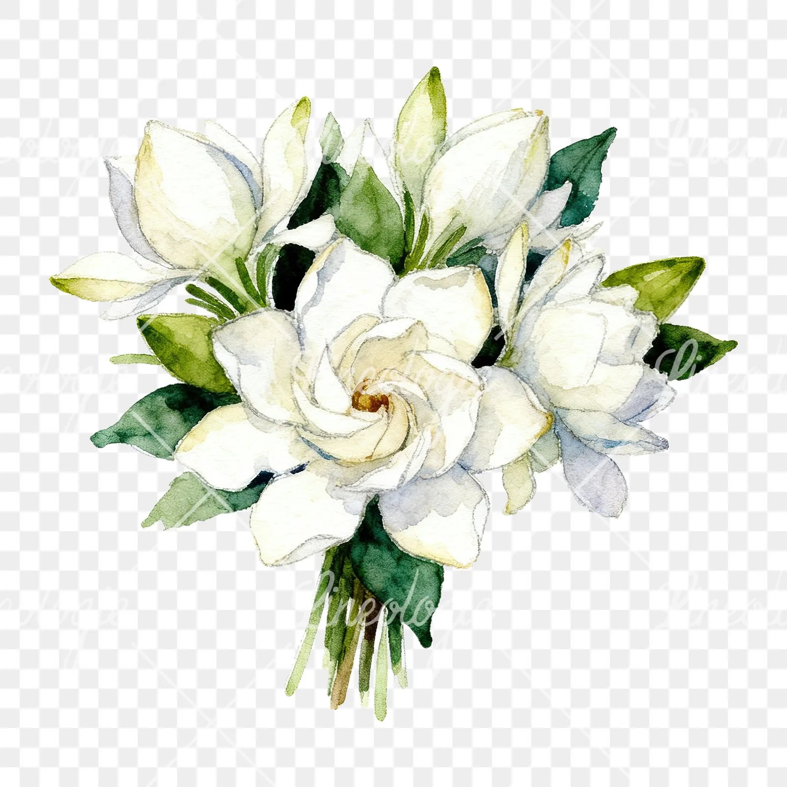 Watercolor white gardenia bouquet clipart 2 of 6 on a transparent background (PNG)
