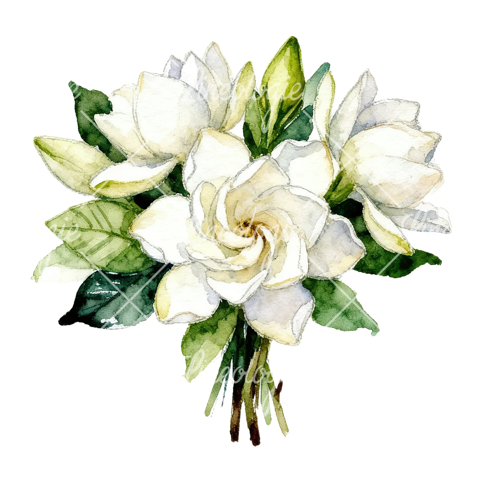 Watercolor white gardenia bouquet clipart 3 of 6 on a white background (JPG)