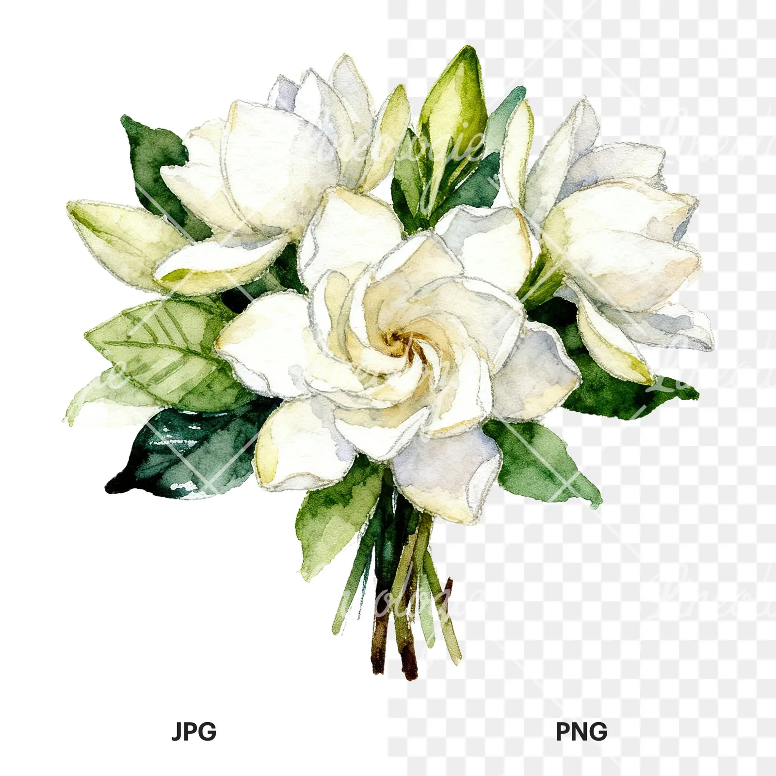 Watercolor white gardenia bouquet clipart 3 of 6, as a JPG on white and a transparent PNG