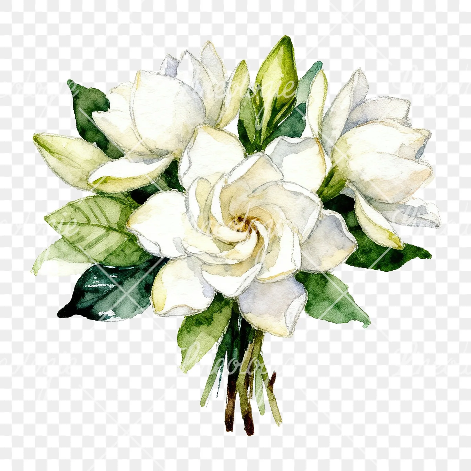 Watercolor white gardenia bouquet clipart 3 of 6 on a transparent background (PNG)