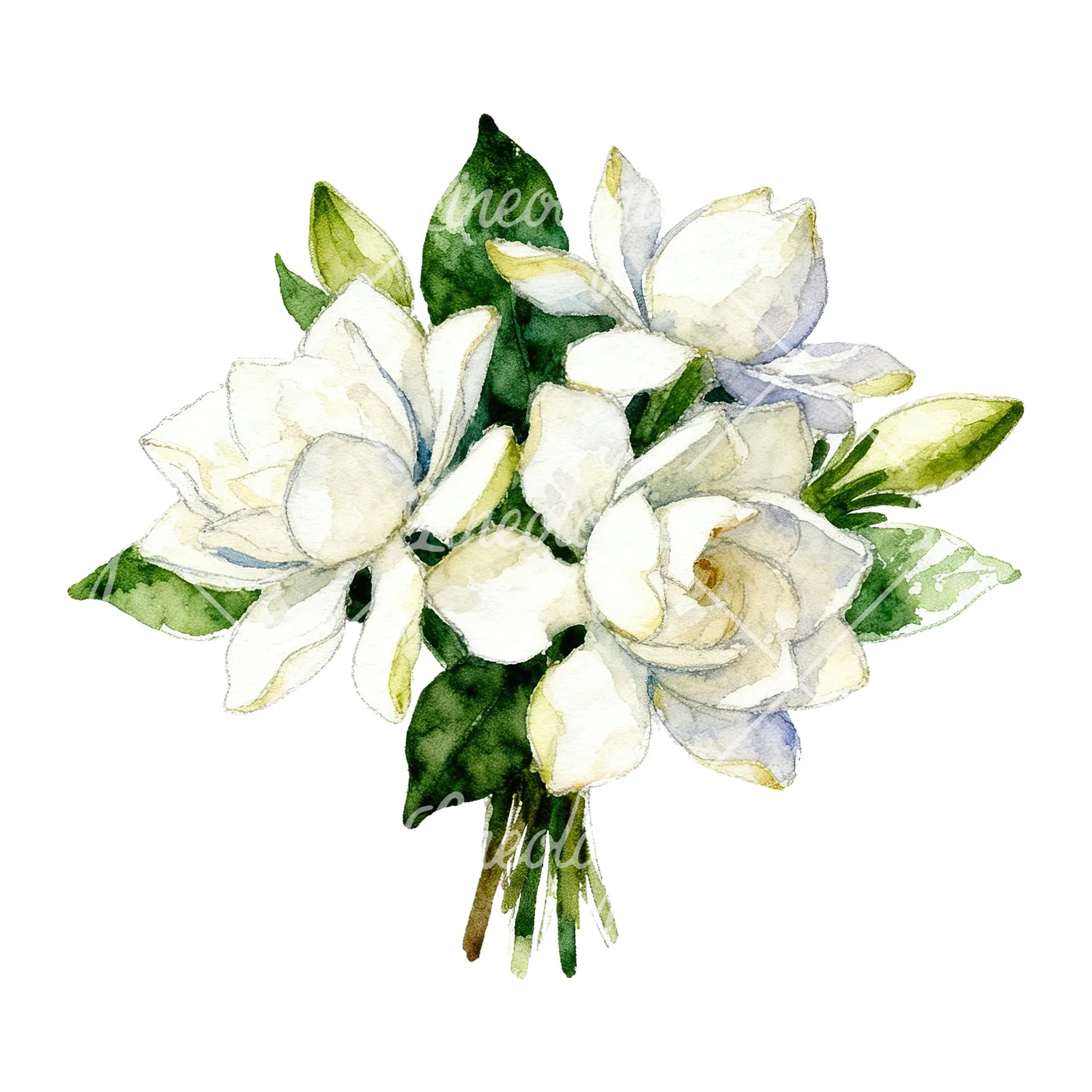 Watercolor white gardenia bouquet clipart 4 of 6 on a white background (JPG)