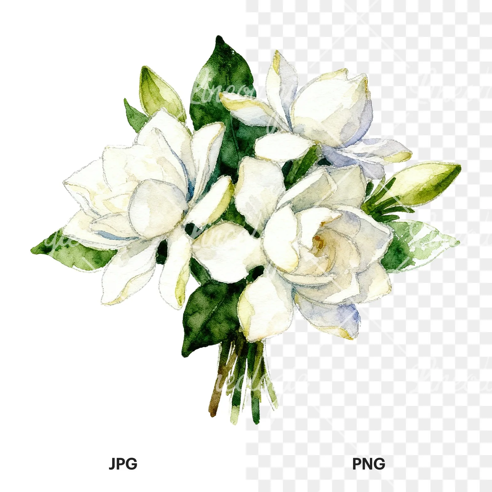 Watercolor white gardenia bouquet clipart 4 of 6, as a JPG on white and a transparent PNG