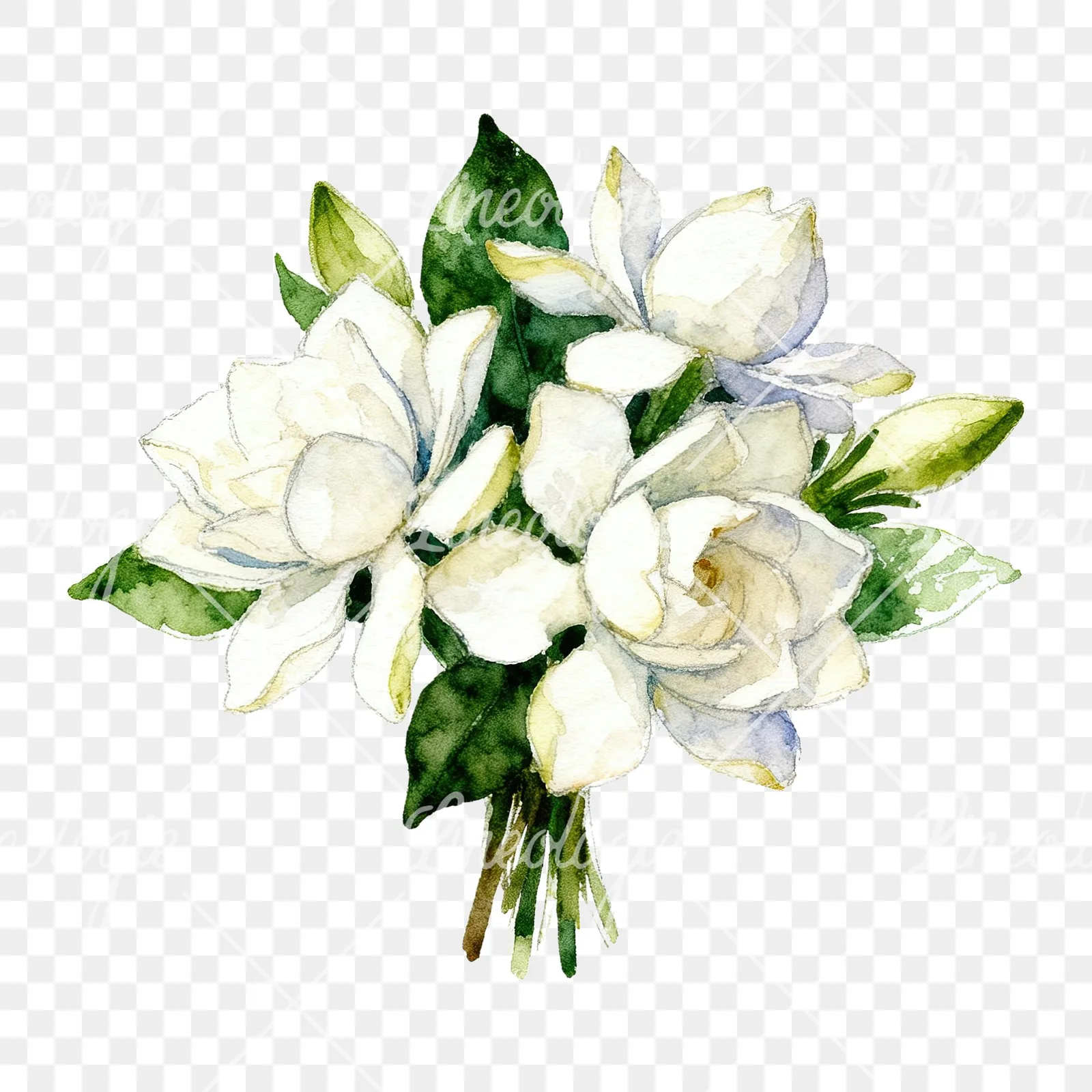 Watercolor white gardenia bouquet clipart 4 of 6 on a transparent background (PNG)