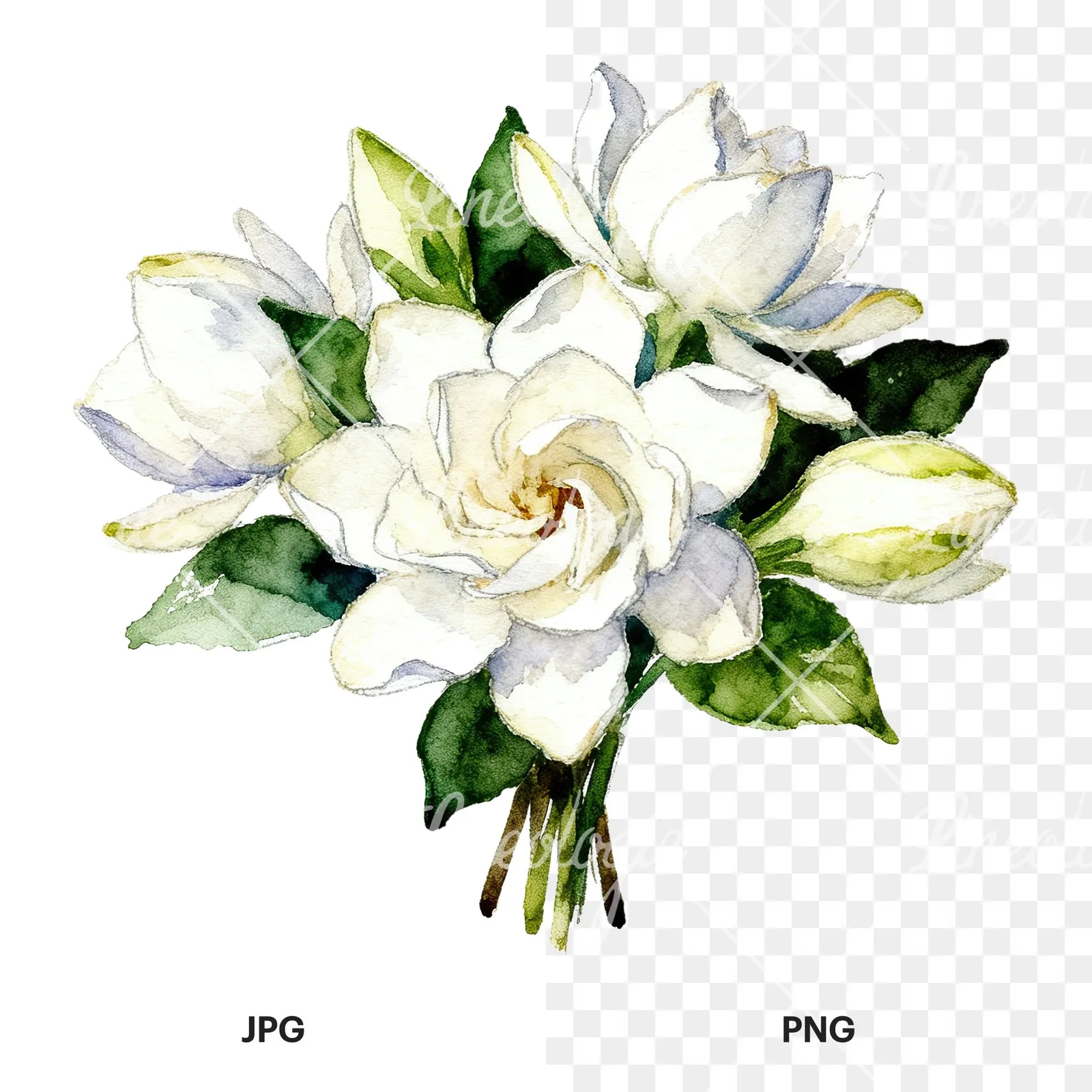 Watercolor white gardenia bouquet clipart 5 of 6, as a JPG on white and a transparent PNG