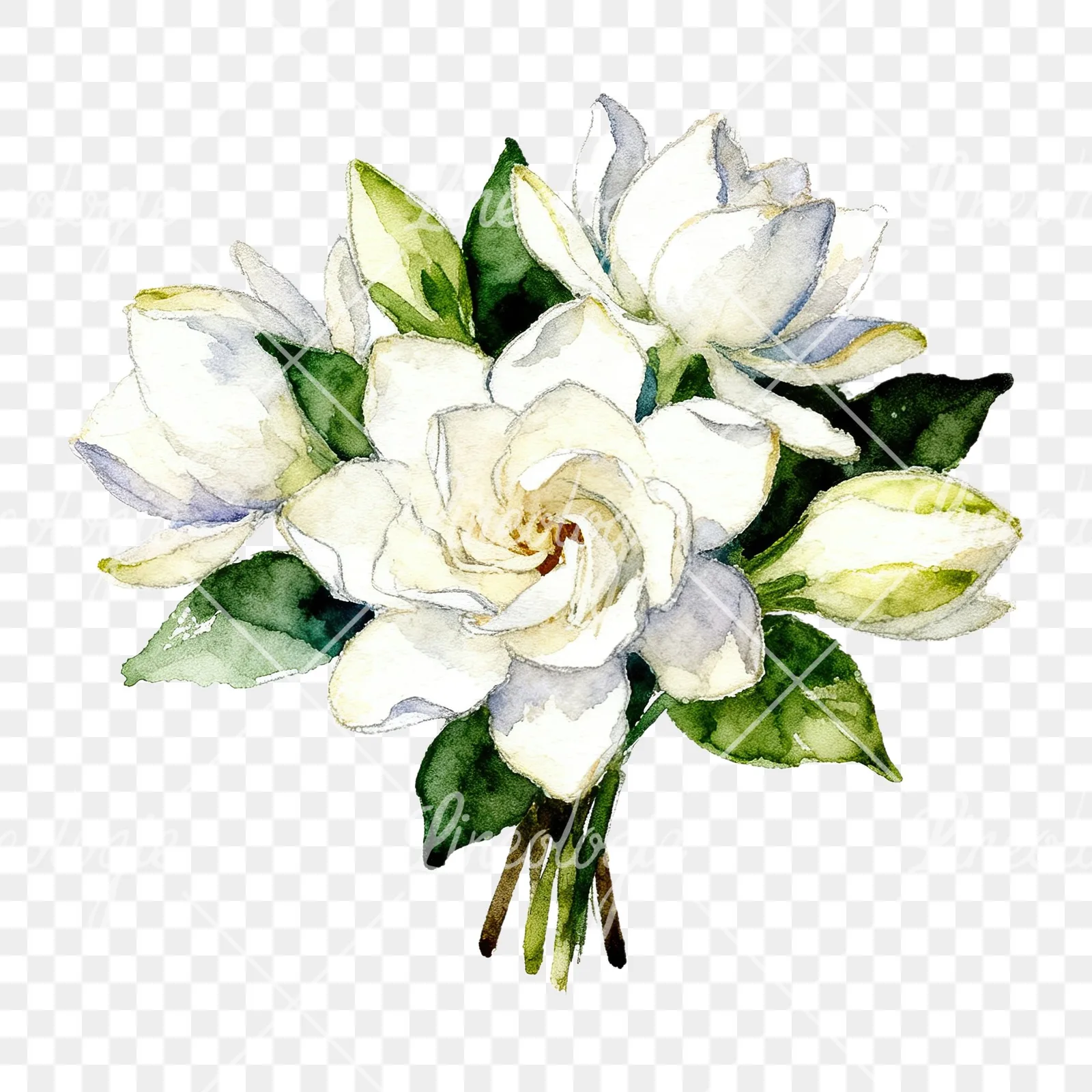 Watercolor white gardenia bouquet clipart 5 of 6 on a transparent background (PNG)